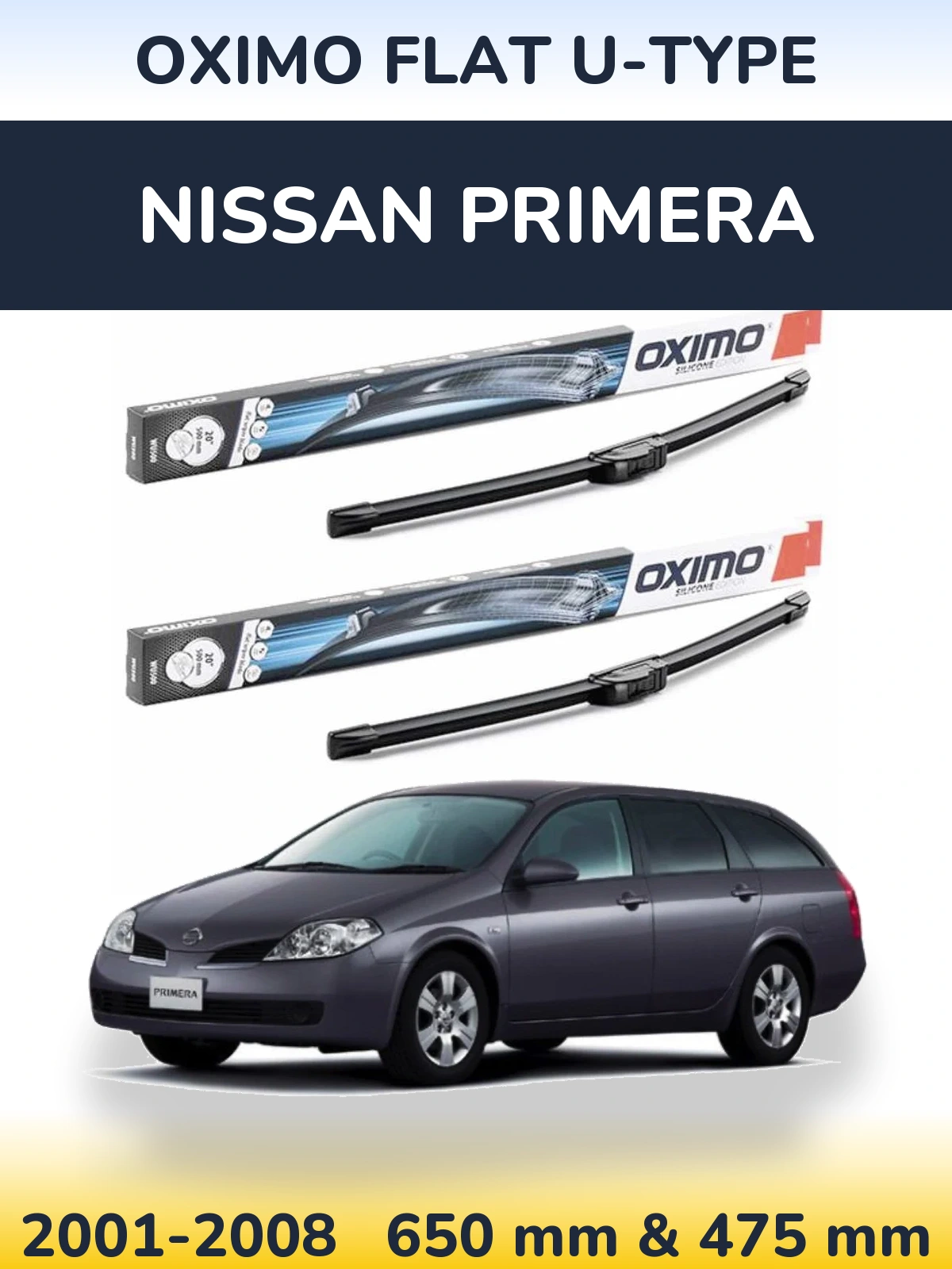 Комплект передних дворников Oximo Flat U-type 650 & 475 мм для Nissan Primera 2001-2008