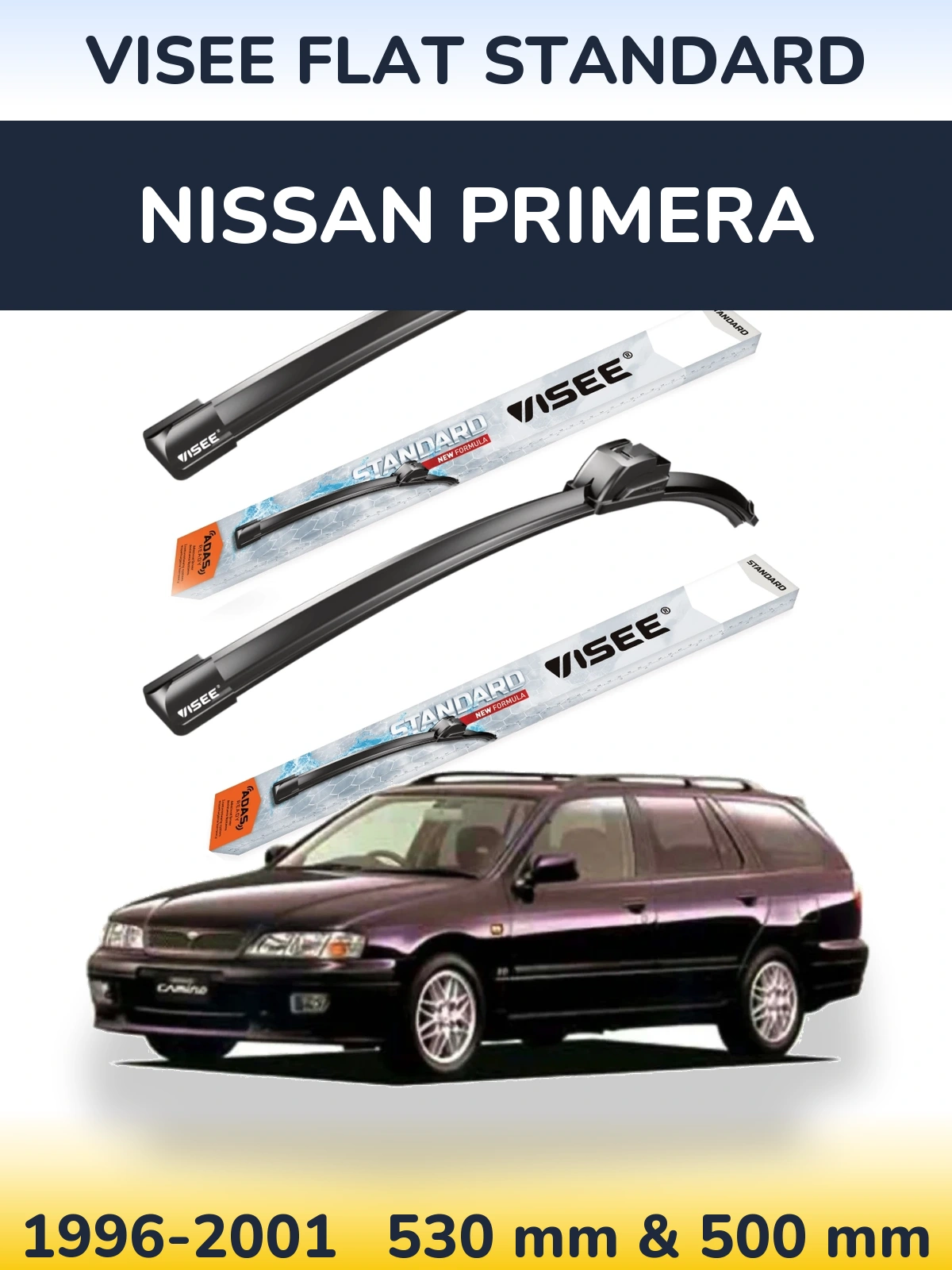 Комплект передних дворников VISEE FLAT STANDARD 530 & 500 мм для Nissan Primera 1996-2001