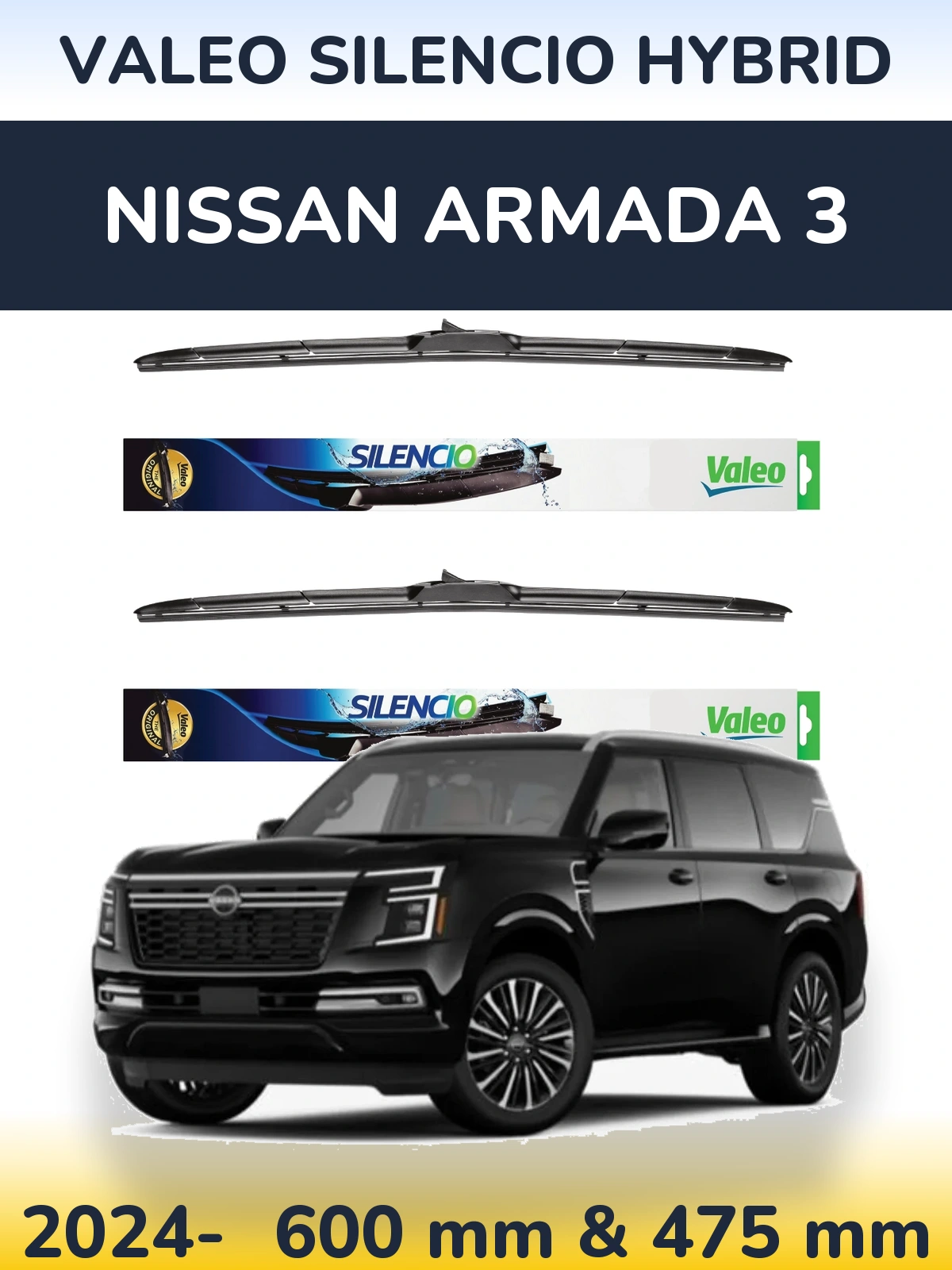 Комплект передних дворников Valeo Silencio Hybrid 600 & 475 мм для Nissan Armada 3 2024-2026