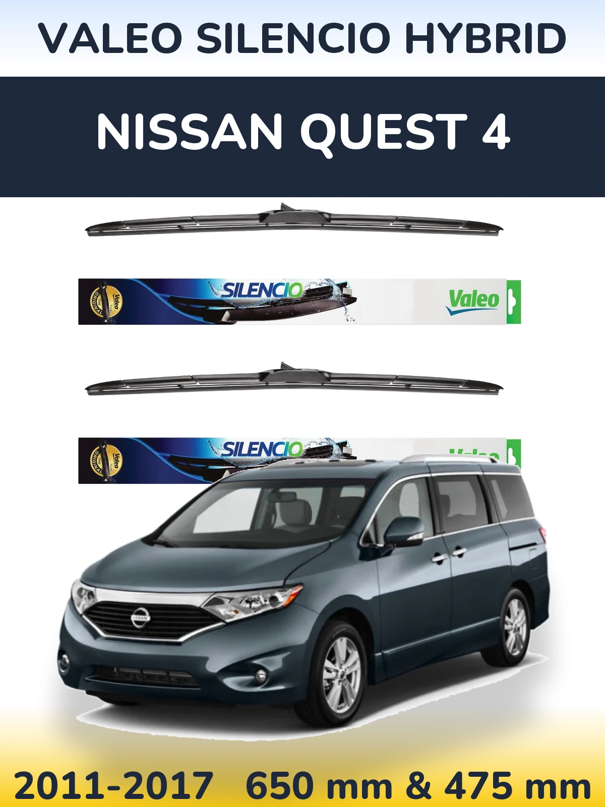 Front wiper blade set Valeo Silencio Hybrid 650 & 475 mm for Nissan Quest 4 2011-2017