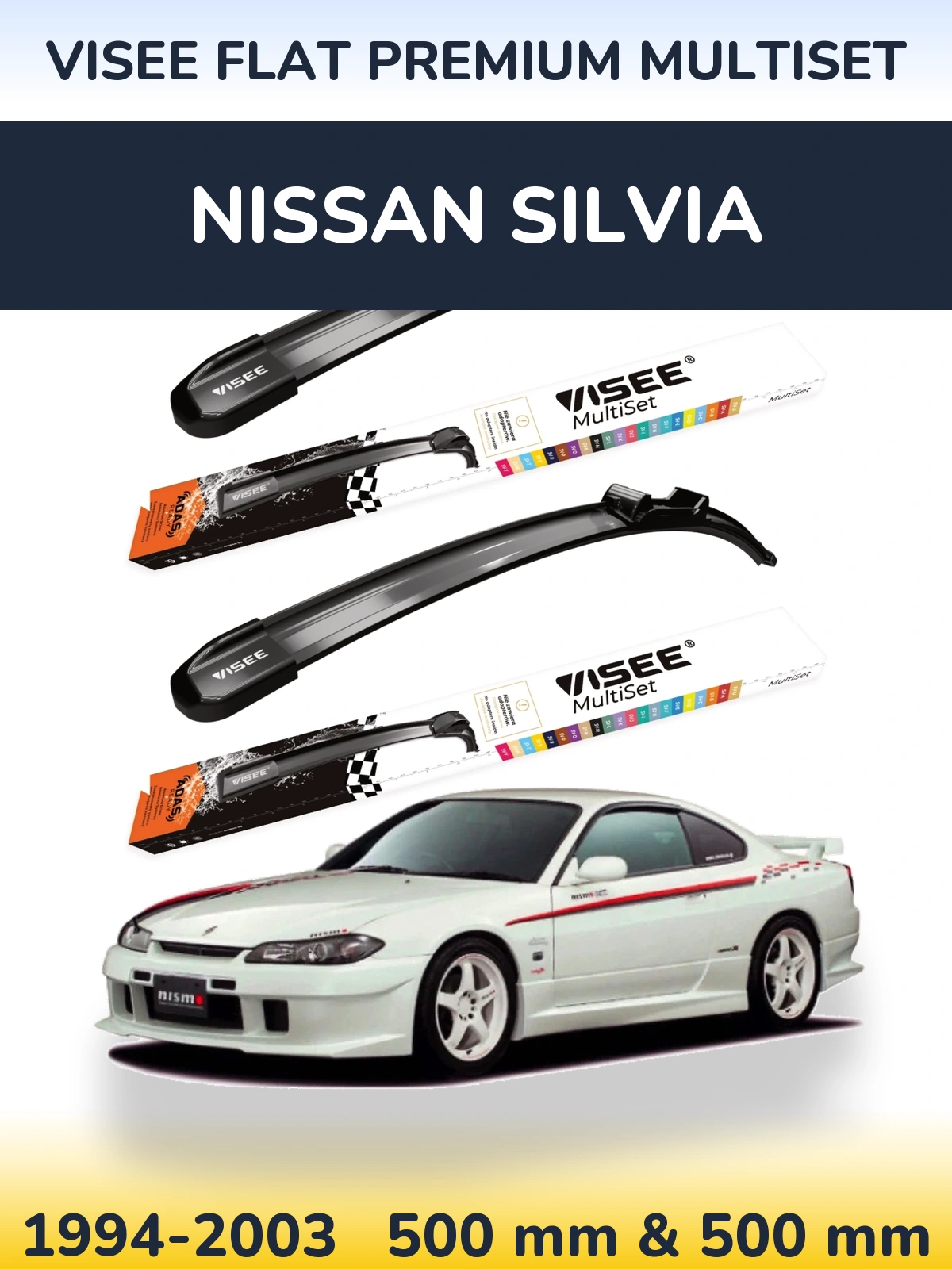 Front wiper blade set VISEE FLAT PREMIUM MultiSet 500 & 500 mm for Nissan Silvia 1994-2003