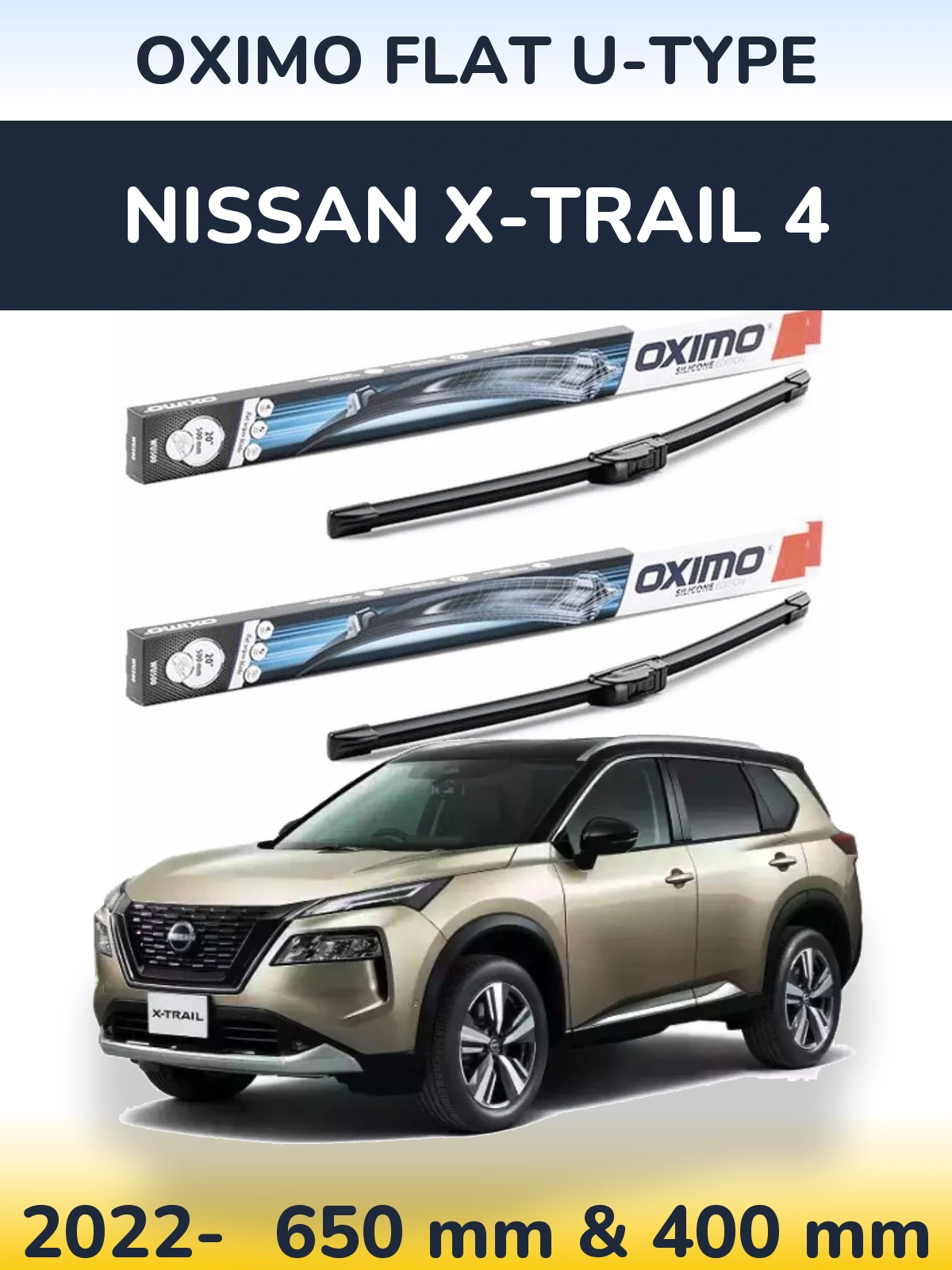 Комплект передних дворников Oximo Flat U-type 650 & 400 мм для Nissan X-Trail 4 2022-2026