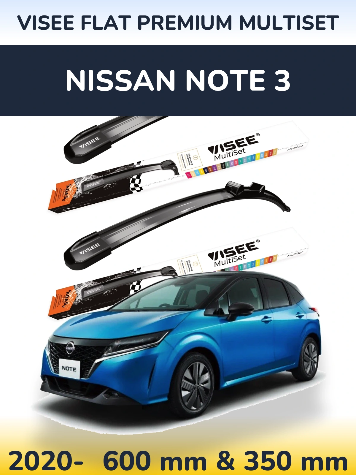 Комплект передніх щіток VISEE FLAT PREMIUM MultiSet 600 & 350 мм для Nissan Note 3 2020-2026