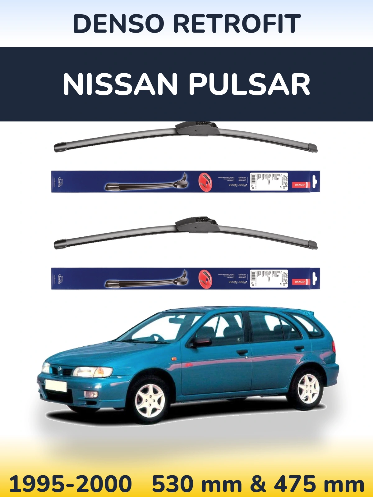 Front wiper blade set Denso Retrofit 530 & 475 mm for Nissan Pulsar 1995-2000