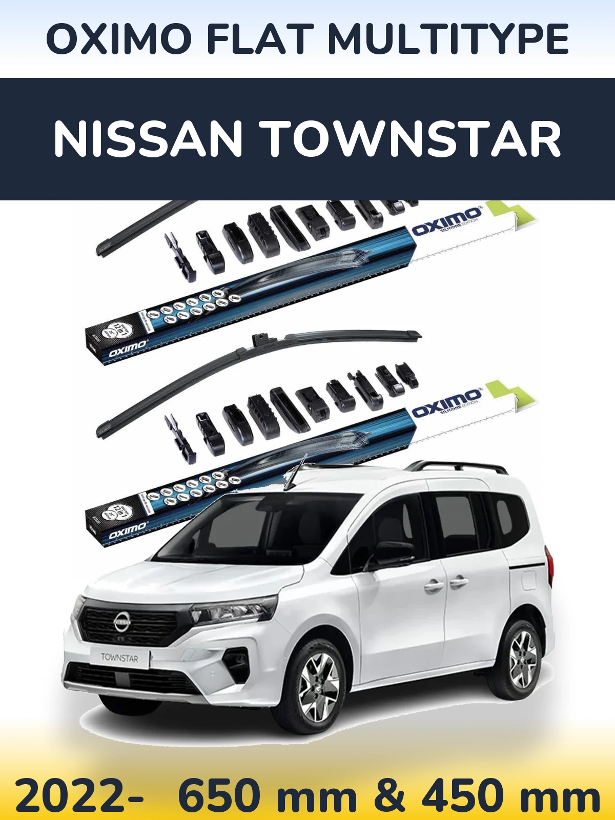 Комплект передних дворников Oximo Flat MultiТипe 650 & 450 мм для Nissan Townstar 2022-2026