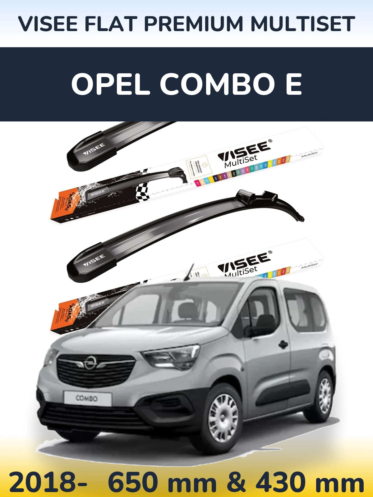 Комплект передніх щіток VISEE FLAT PREMIUM MultiSet 650 & 430 мм для Opel Combo E 2018-2026
