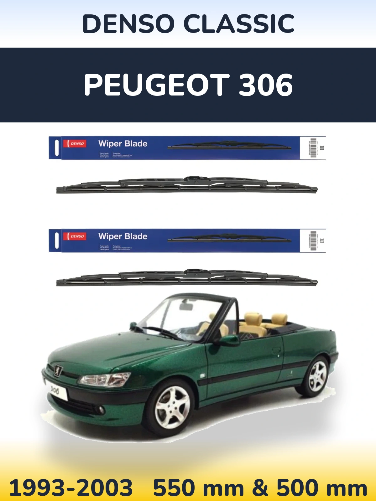 Front wiper blade set Denso Classic 550 & 500 mm for Peugeot 306 1993-2003
