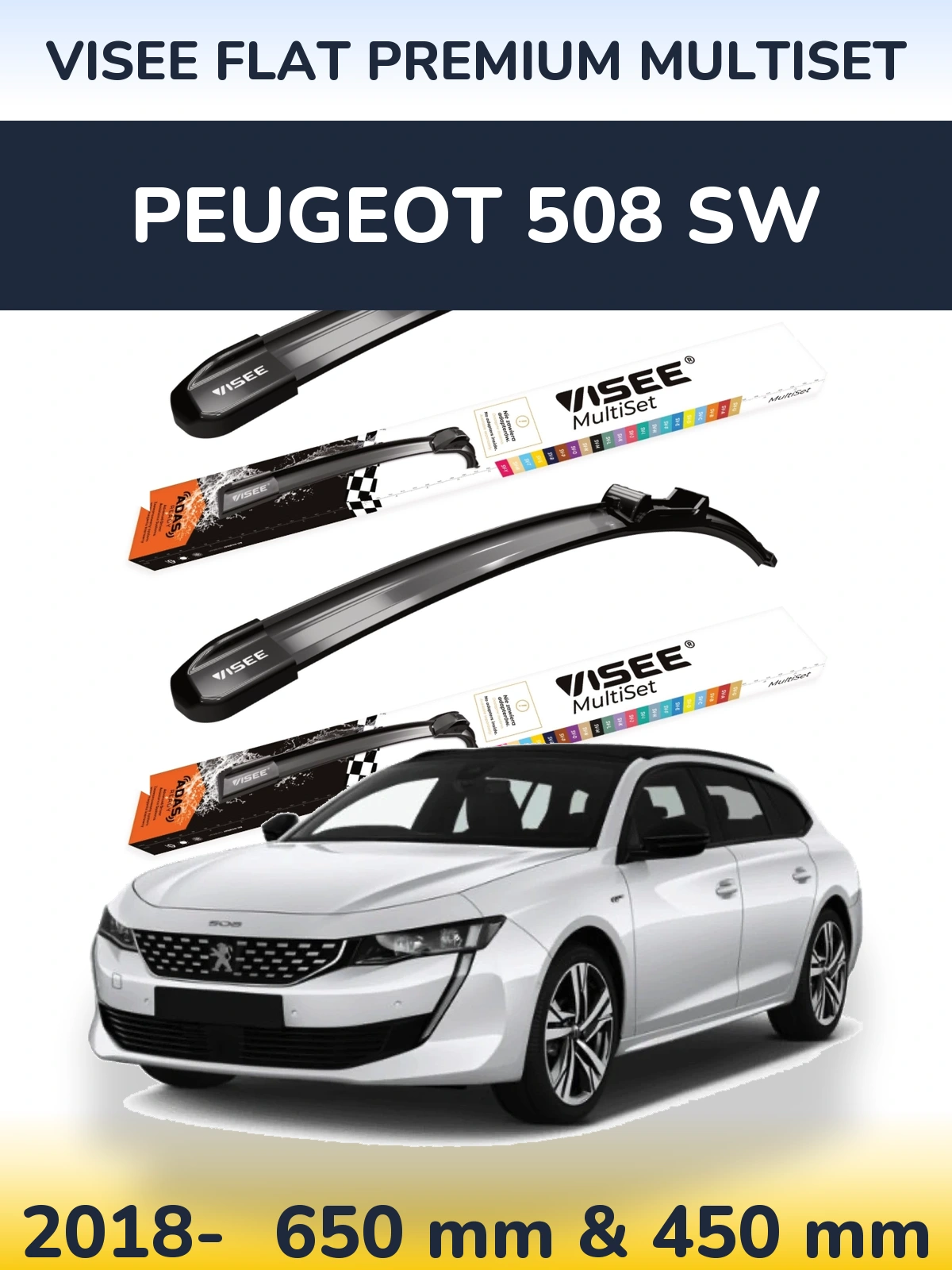 Комплект передніх щіток VISEE FLAT PREMIUM MultiSet 650 & 450 мм для Peugeot 508 SW 2018-2026