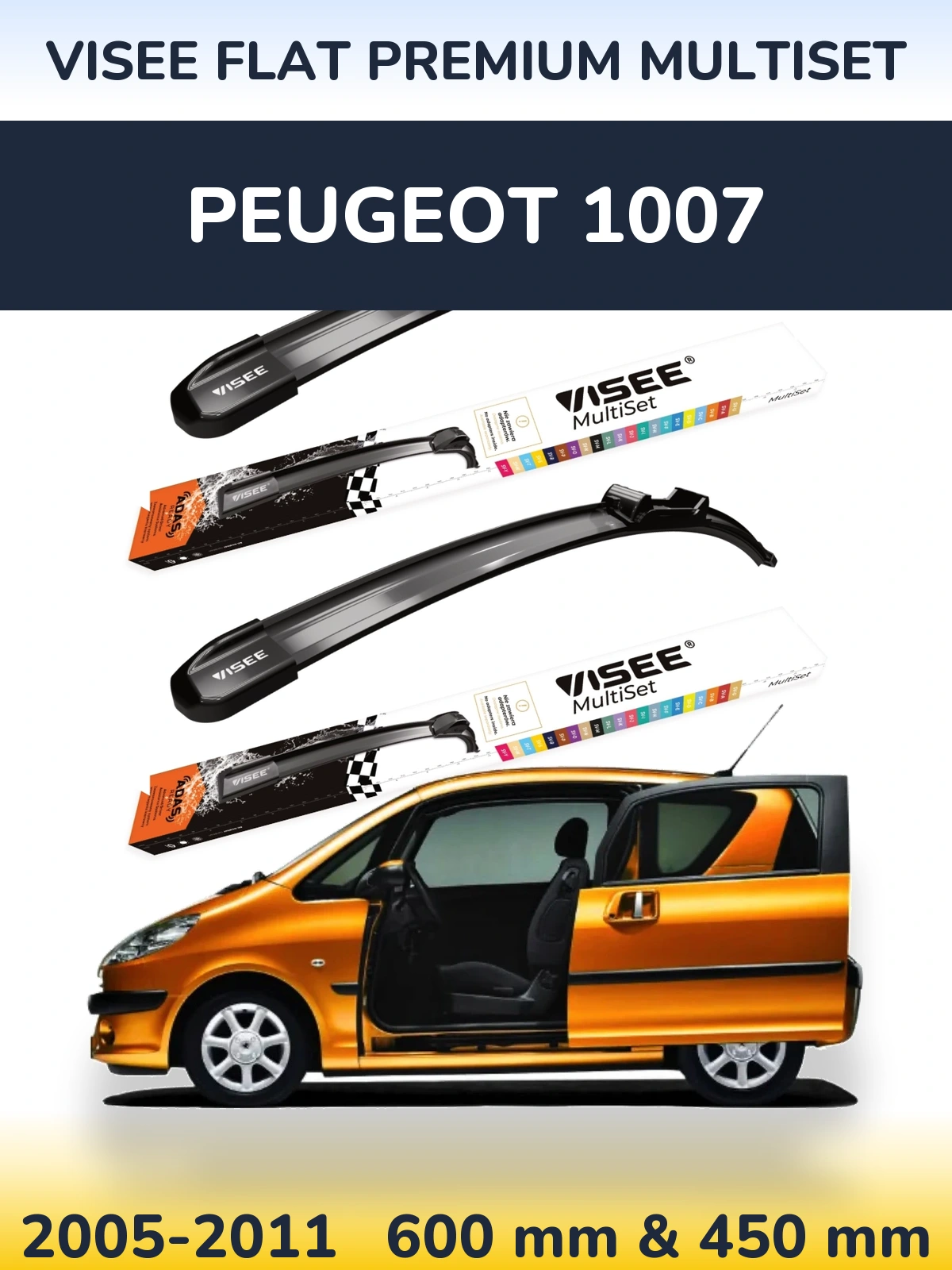 Front wiper blade set VISEE FLAT PREMIUM MultiSet 600 & 450 mm for Peugeot 1007 2005-2011
