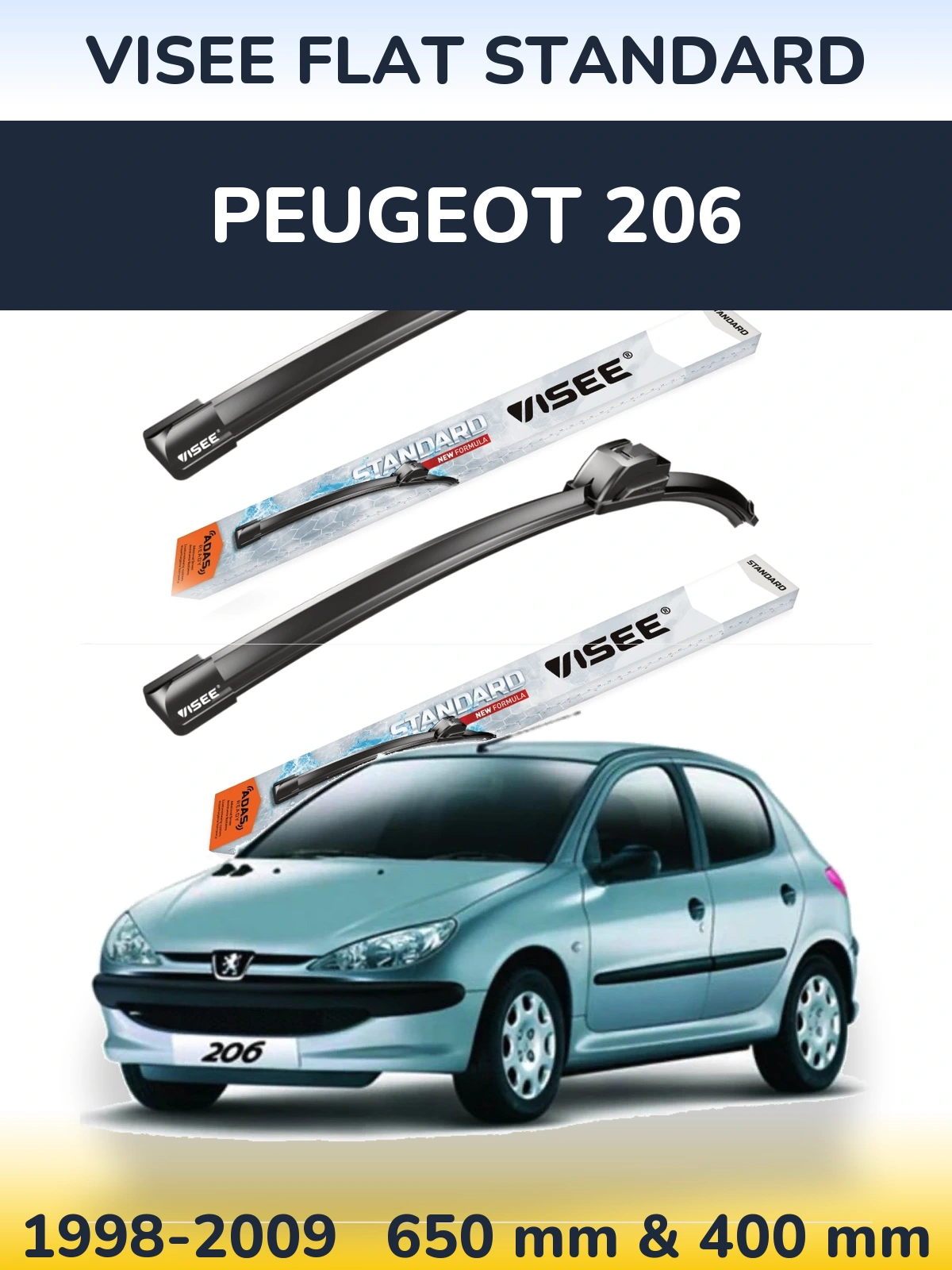 Комплект передних дворников VISEE FLAT STANDARD 650 & 400 мм для Peugeot 206 1998-2009