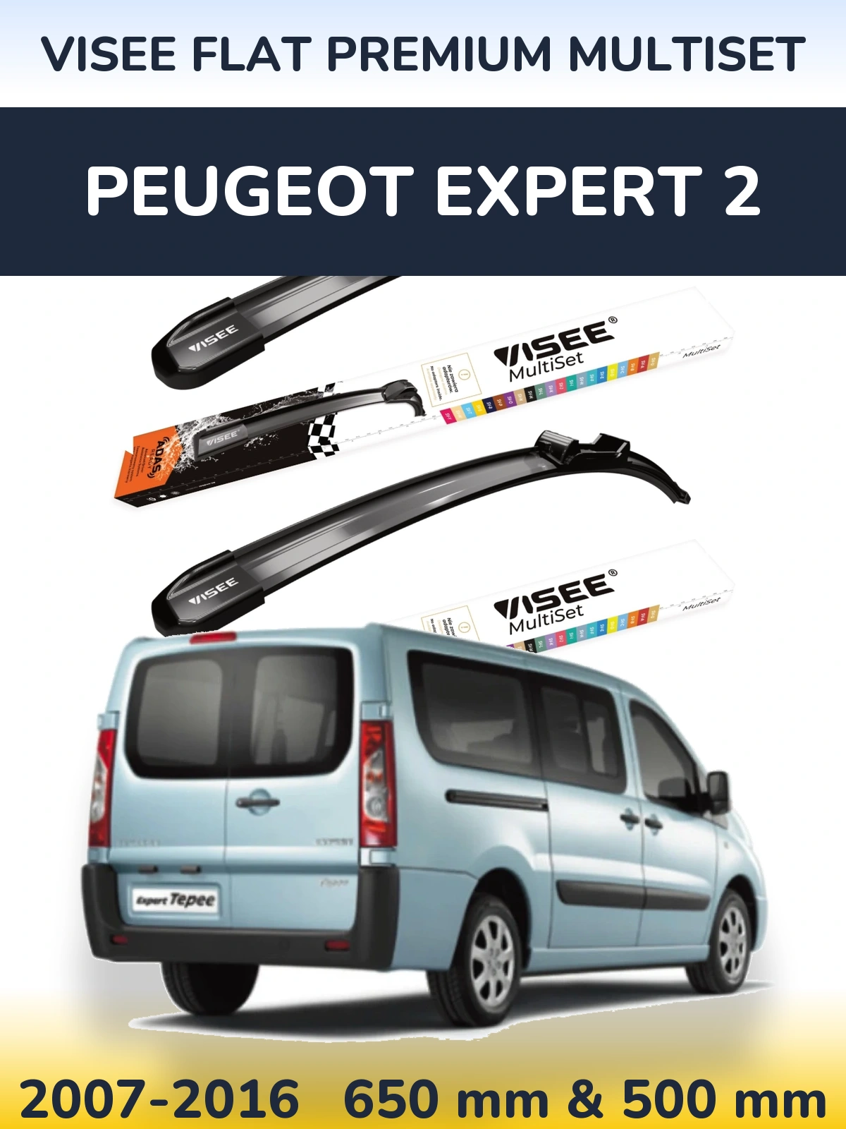 Комплект передніх щіток VISEE FLAT PREMIUM MultiSet 650 & 500 мм для Peugeot Expert 2 2007-2016