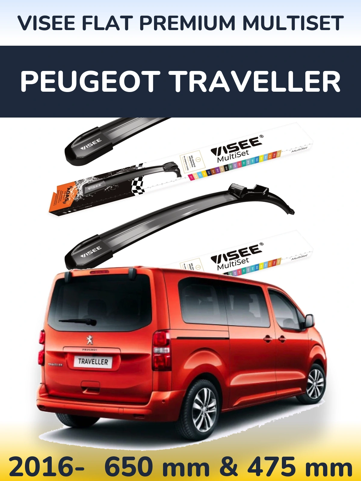 Front wiper blade set VISEE FLAT PREMIUM MultiSet 650 & 475 mm for Peugeot Traveller 2016-2026