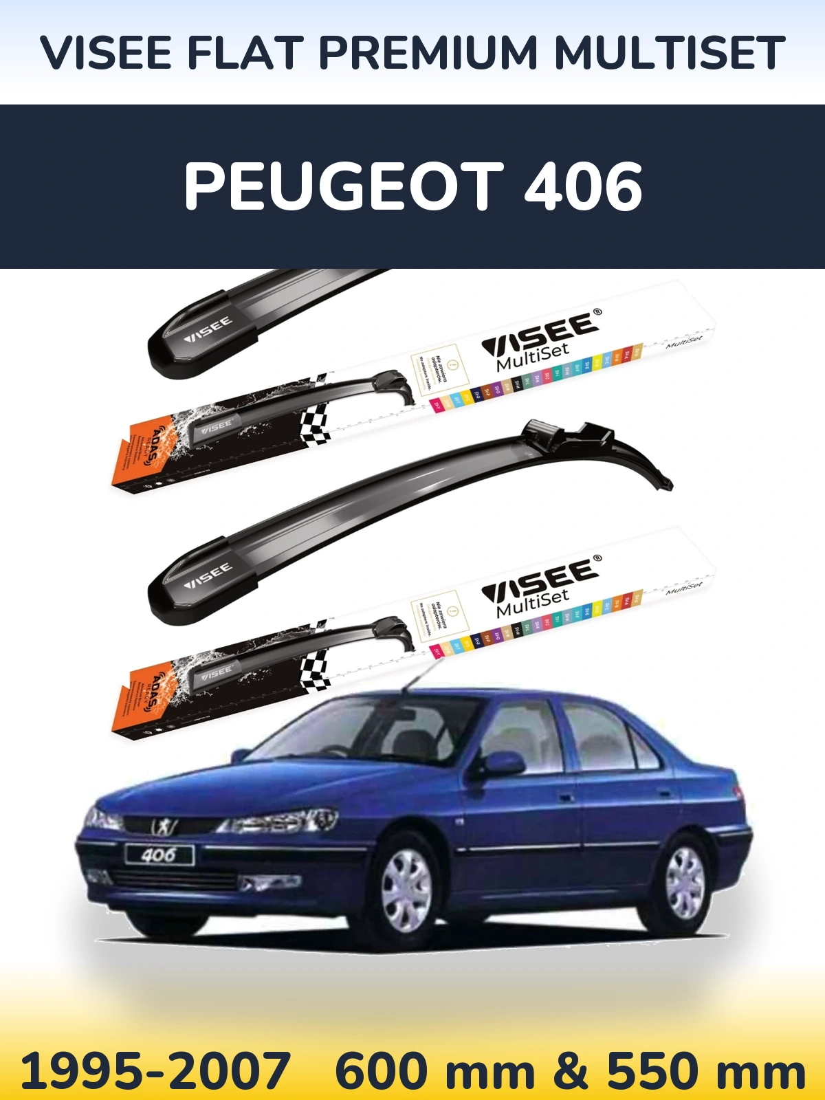 Front wiper blade set VISEE FLAT PREMIUM MultiSet 600 & 550 mm for Peugeot 406 1995-2007