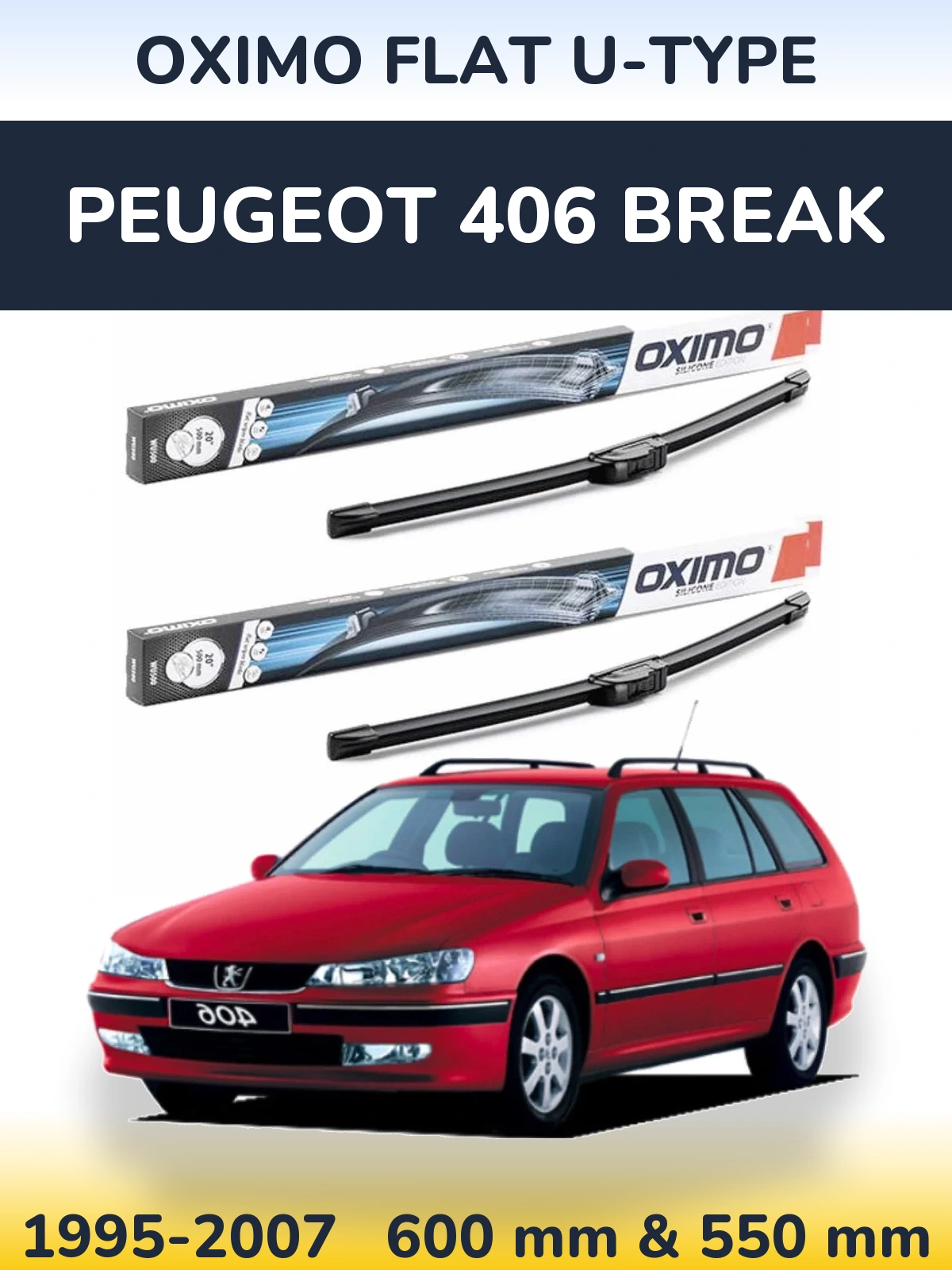 Комплект передних дворников Oximo Flat U-type 600 & 550 мм для Peugeot 406 Break 1995-2007