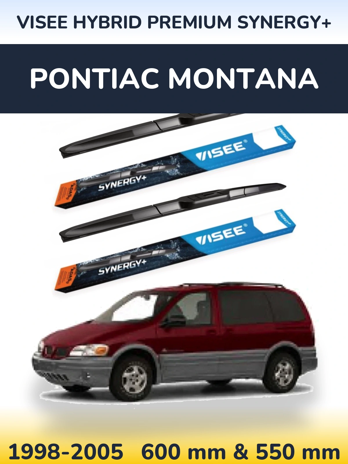 Front wiper blade set VISEE HYBRID PREMIUM SYNERGY+ 600 & 550 mm for Pontiac Montana 1998-2005