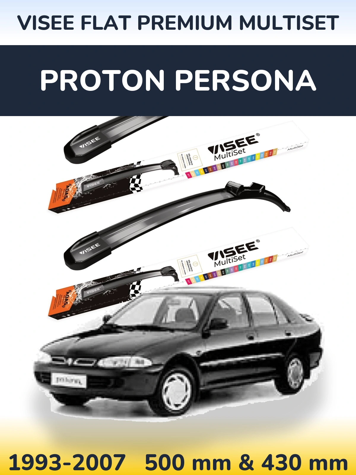 Front wiper blade set VISEE FLAT PREMIUM MultiSet 500 & 430 mm for Proton Persona 1993-2007