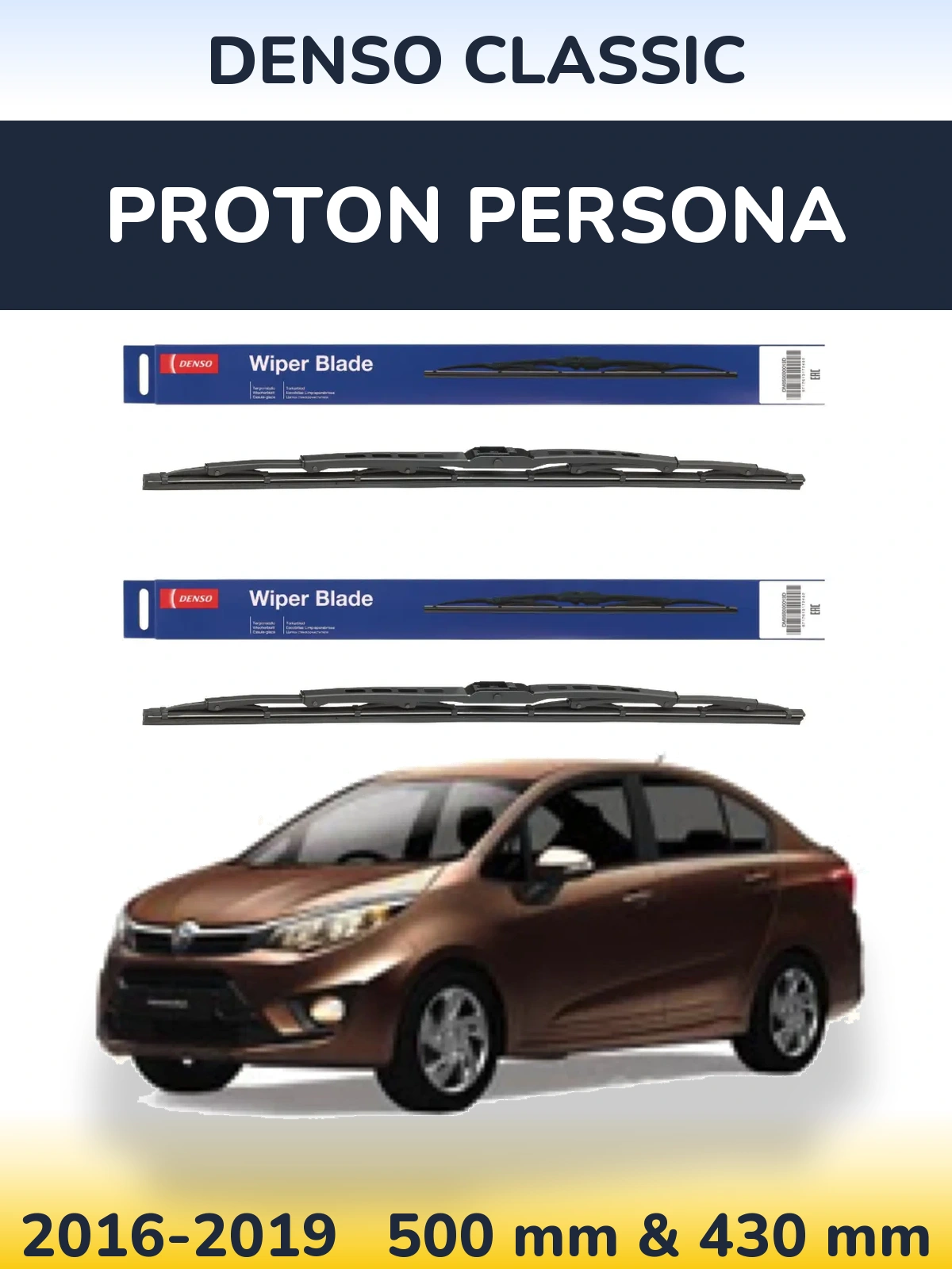 Front wiper blade set Denso Classic 500 & 430 mm for Proton Persona 2016-2019