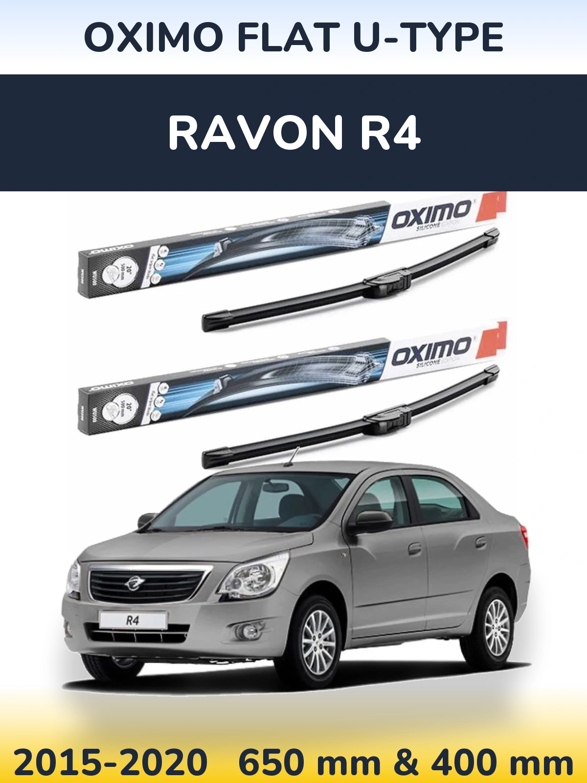Front wiper blade set Oximo Flat U-type 650 & 400 mm for Ravon R4 2015-2020