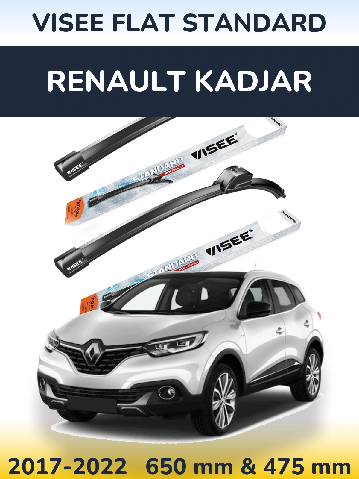Комплект передних дворников VISEE FLAT STANDARD 650 & 475 мм для Renault Kadjar 2017-2022