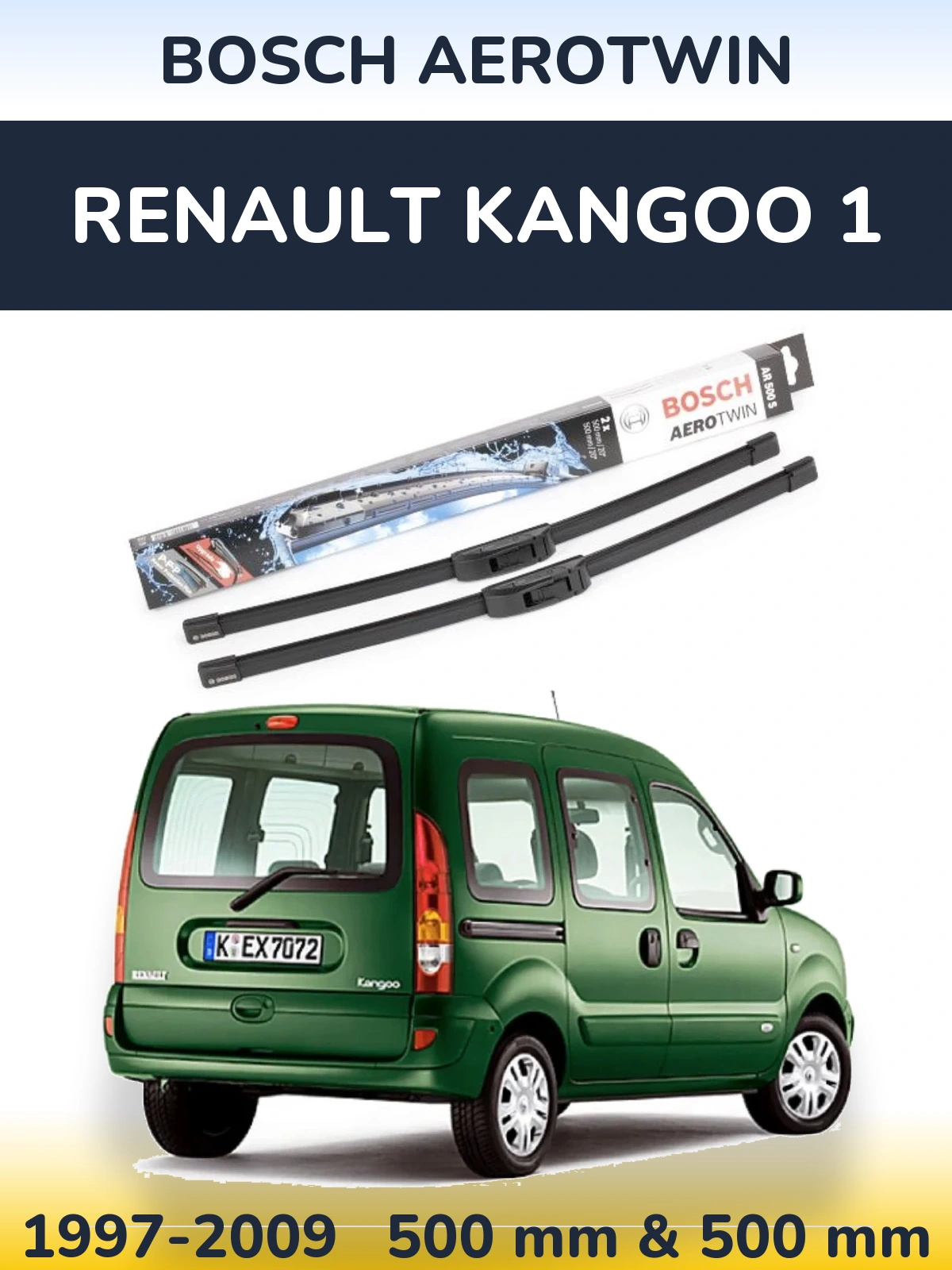 Комплект передних дворников BOSCH AeroTwin 500 & 500 мм для Renault Kangoo 1 1997-2009