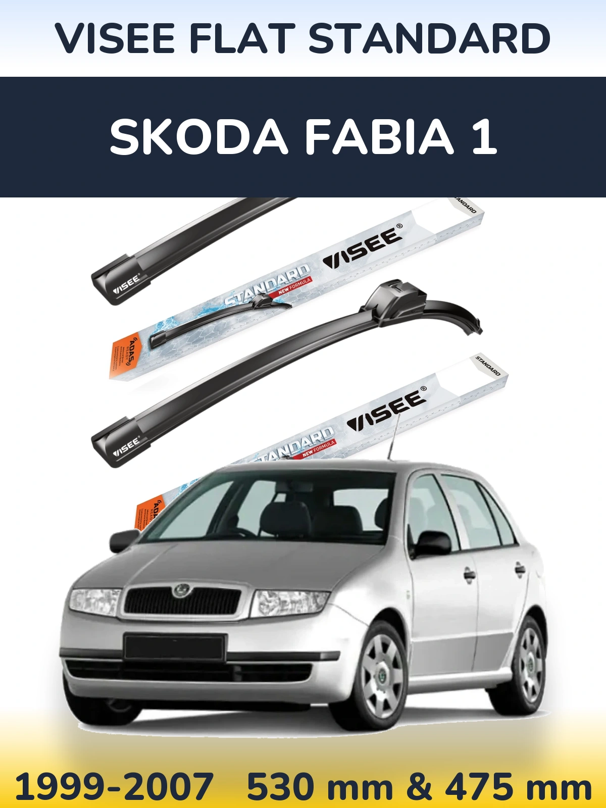 Front wiper blade set VISEE FLAT STANDARD 530 & 475 mm for Skoda Fabia 1 1999-2007