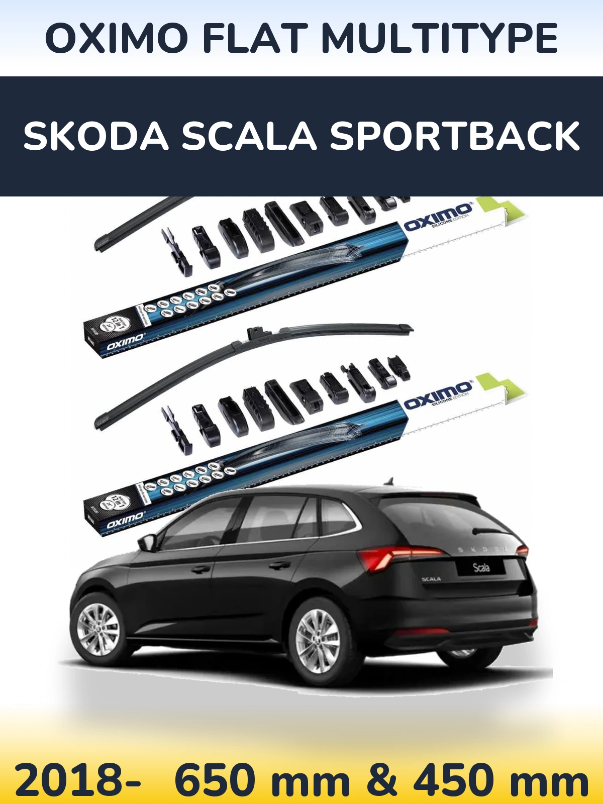 Front wiper blade set Oximo Flat MultiTypee 650 & 450 mm for Skoda Scala Sportback 2018-2026