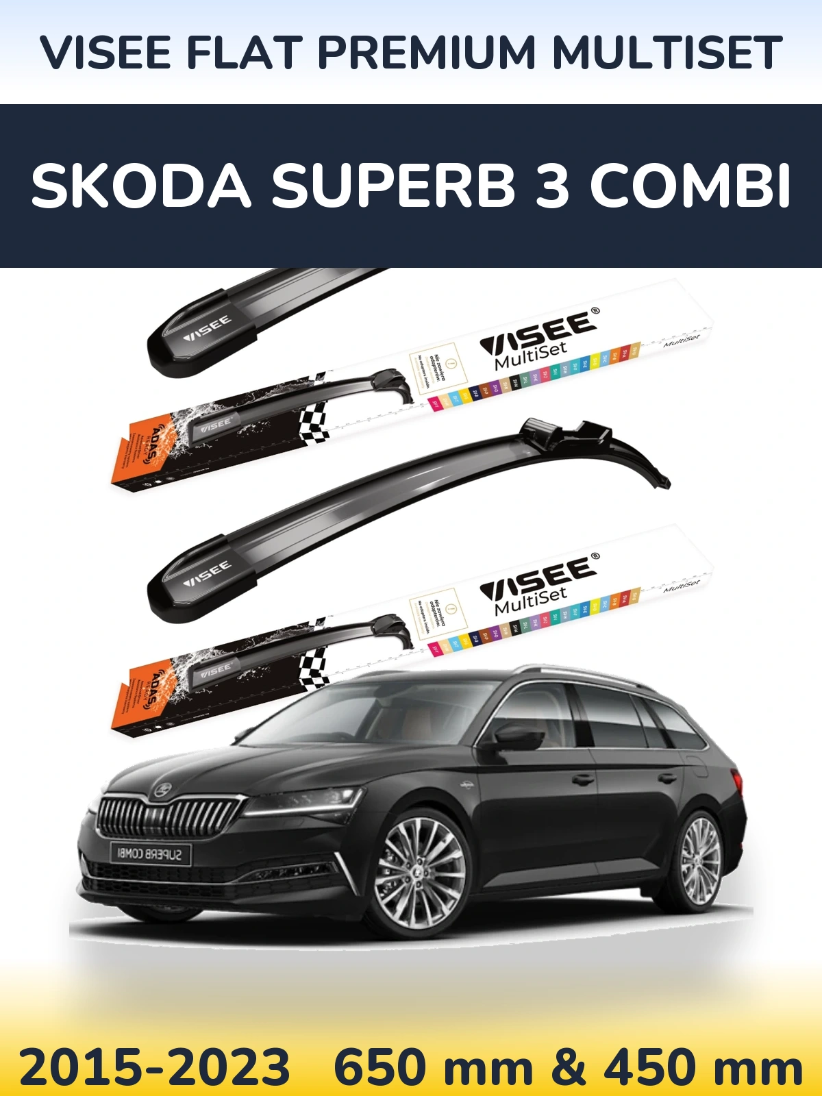 Front wiper blade set VISEE FLAT PREMIUM MultiSet 650 & 450 mm for Skoda Superb 3 Combi 2015-2023