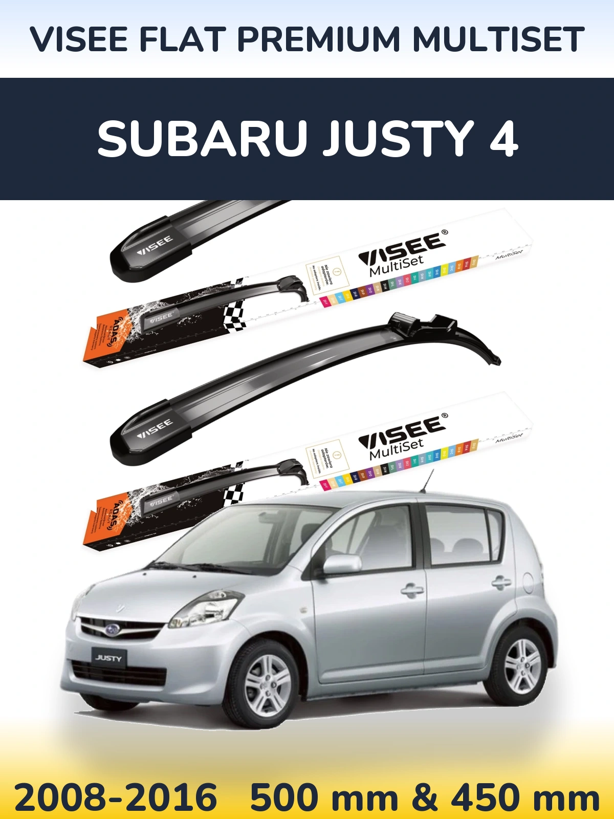 Front wiper blade set VISEE FLAT PREMIUM MultiSet 500 & 450 mm for Subaru Justy 4 2008-2016