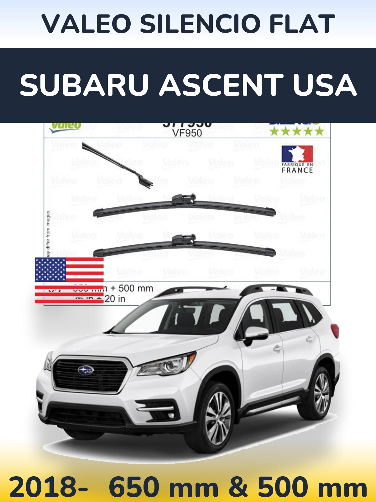 Front wiper blade set Valeo Silencio Flat 650 & 500 mm for Subaru Ascent USA 2018-2026