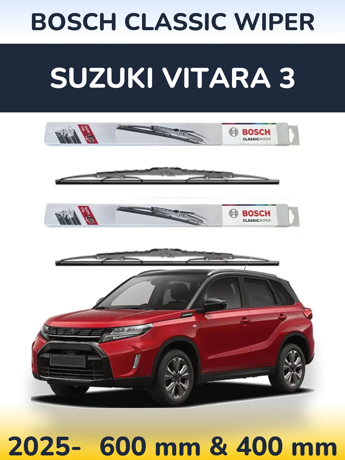 Комплект передних дворников BOSCH Classic Wiper 600 & 400 мм для Suzuki Vitara 3 2025-2026