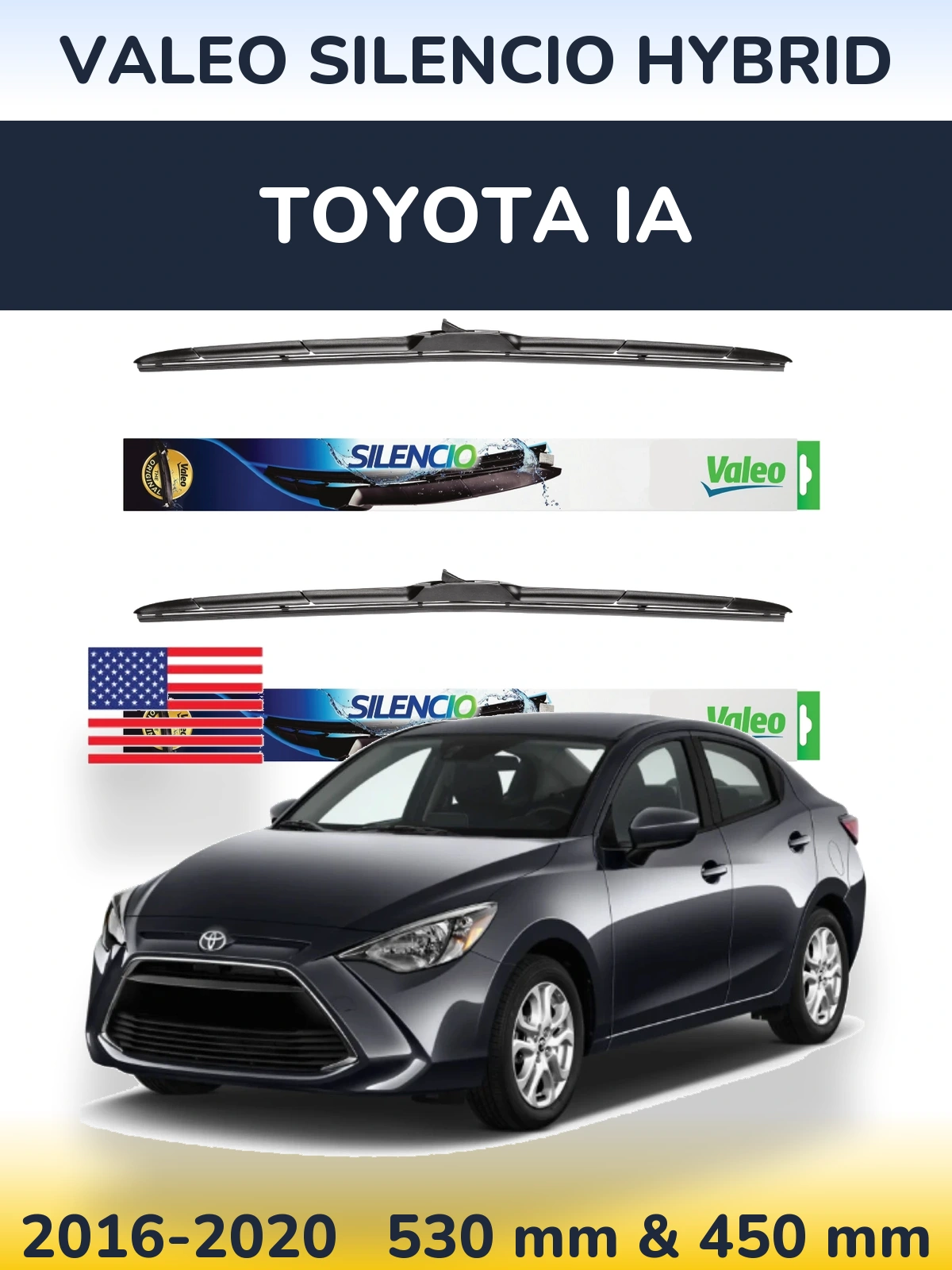 Front wiper blade set Valeo Silencio Hybrid 530 & 450 mm for Toyota iA 2016-2020