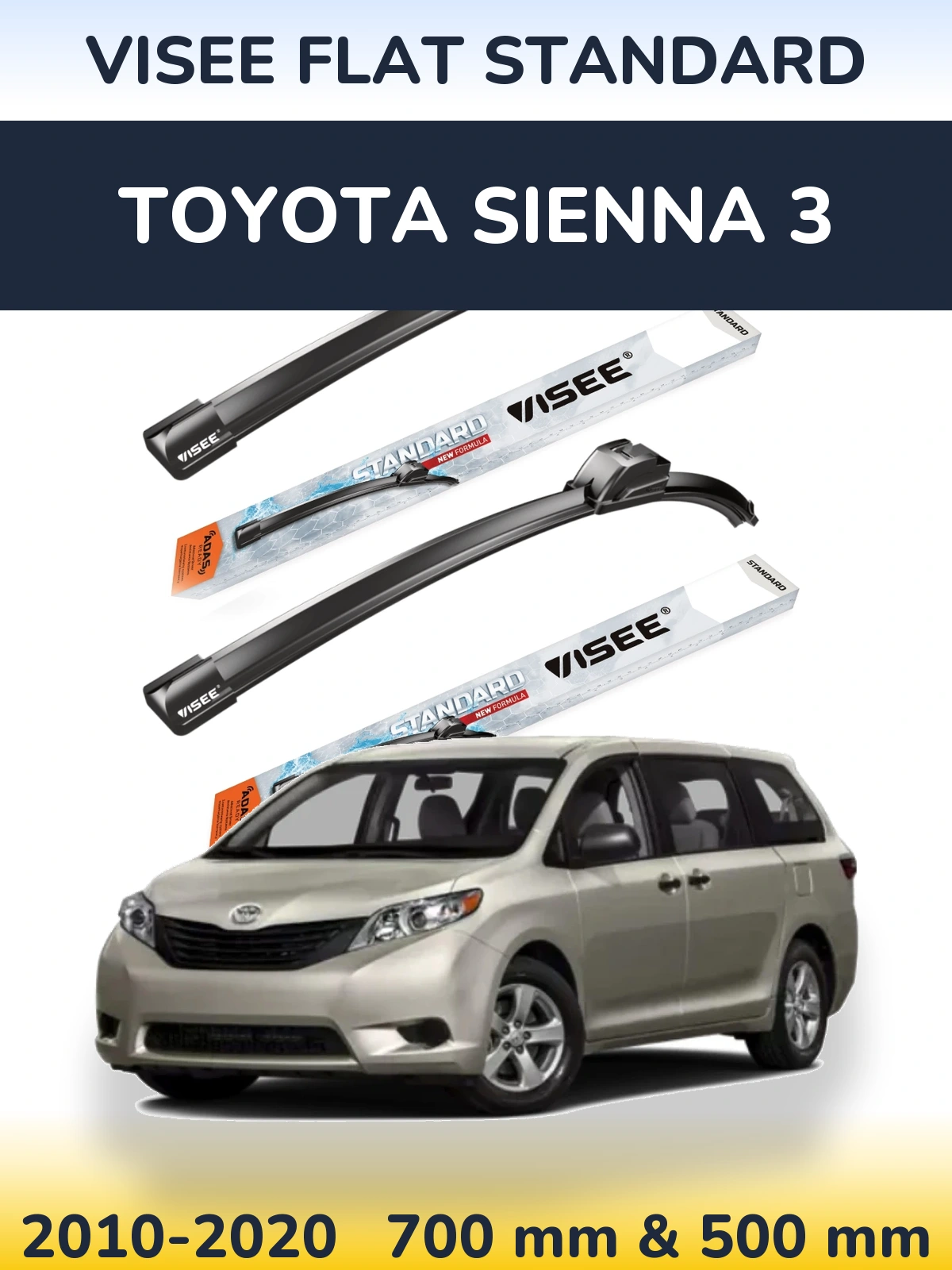 Front wiper blade set VISEE FLAT STANDARD 700 & 500 mm for Toyota Sienna 3 2010-2020