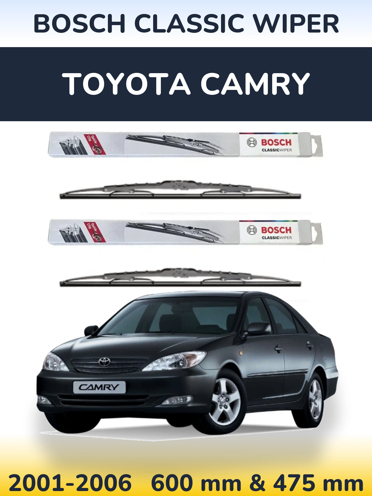 Front wiper blade set BOSCH Classic Wiper 600 & 475 mm for Toyota Camry 2001-2006
