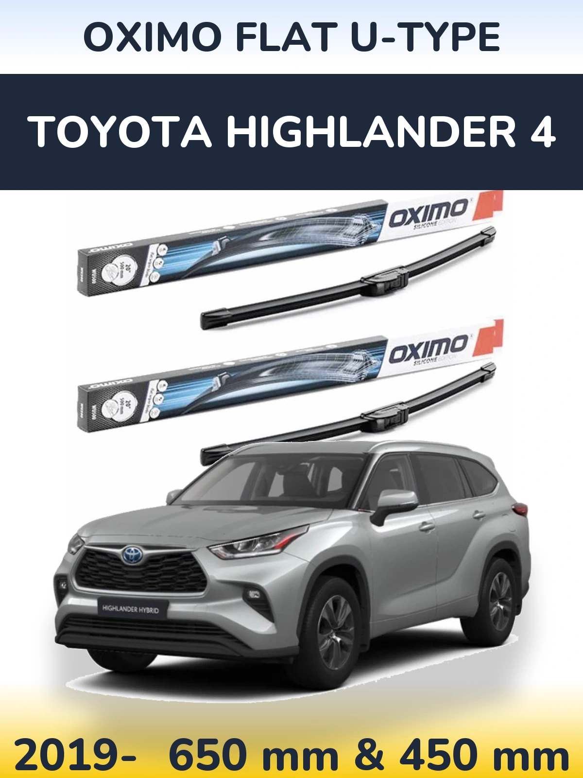 Комплект передних дворников Oximo Flat U-type 650 & 450 мм для Toyota Highlander 4 2019-2026