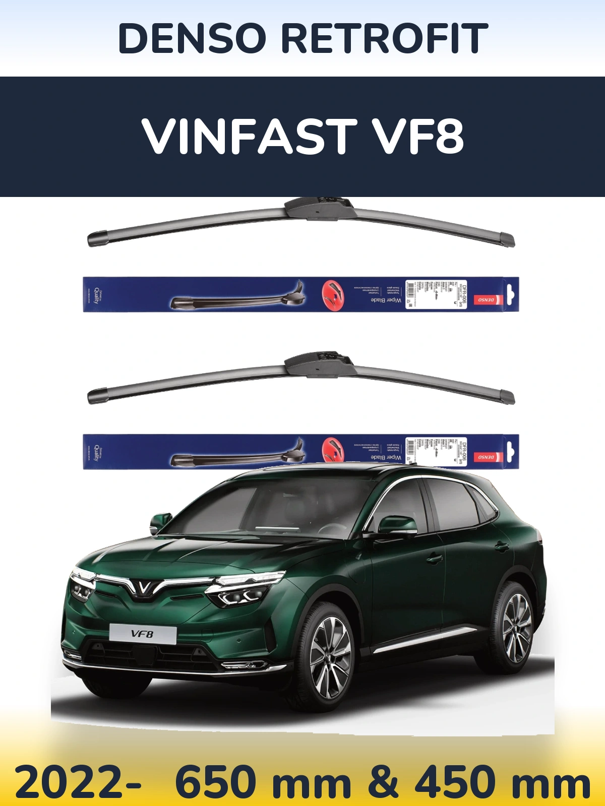 Front wiper blade set Denso Retrofit 650 & 450 mm for Vinfast VF8 2022-2026