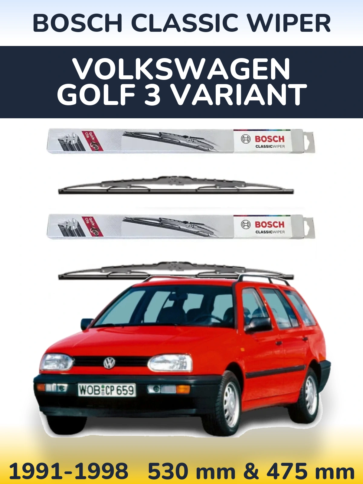 Комплект передних дворников BOSCH Classic Wiper 530 & 475 мм для Volkswagen Golf 3 Variant 1991-1998
