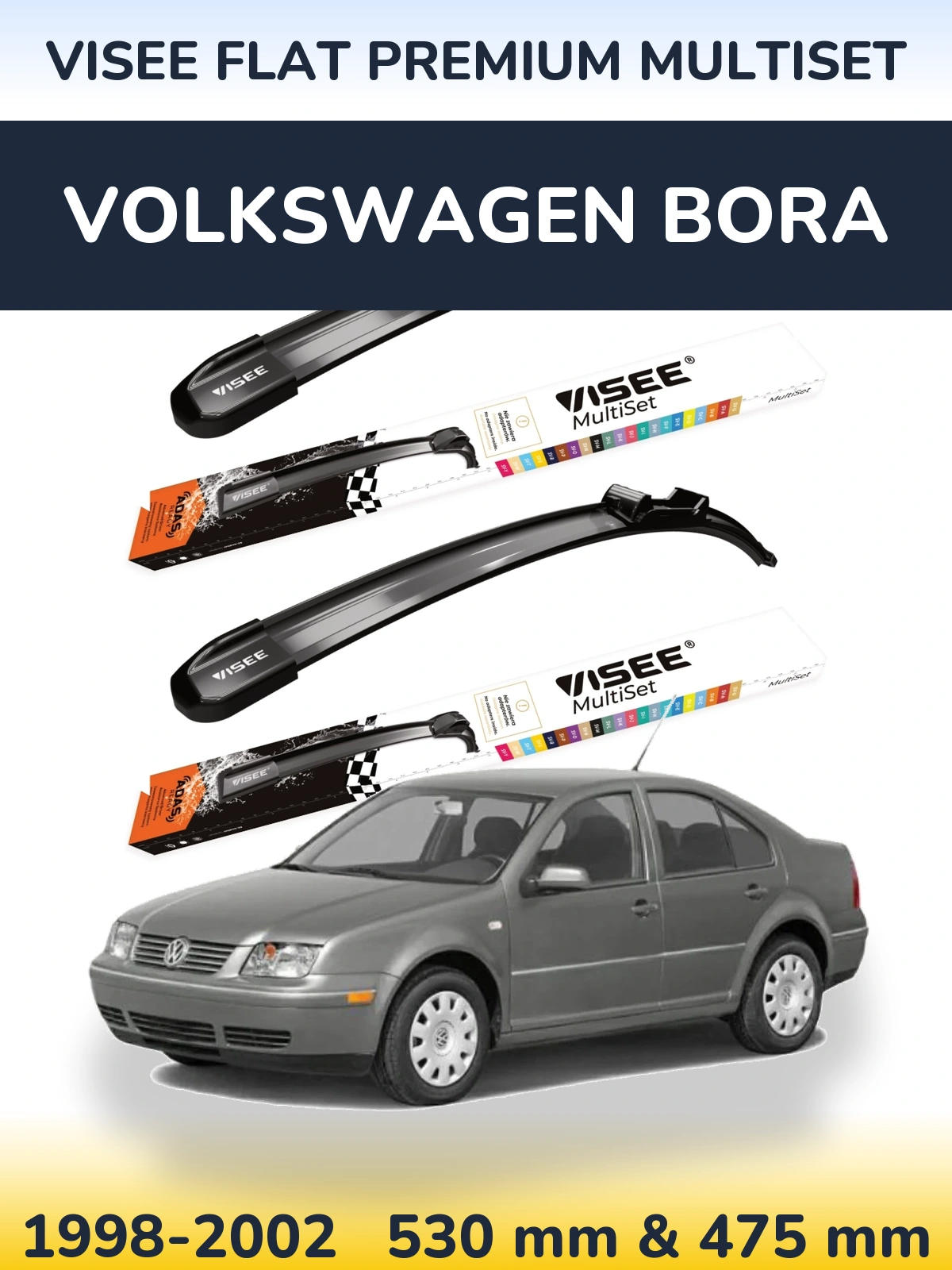 Front wiper blade set VISEE FLAT PREMIUM MultiSet 530 & 475 mm for Volkswagen Bora 1998-2002