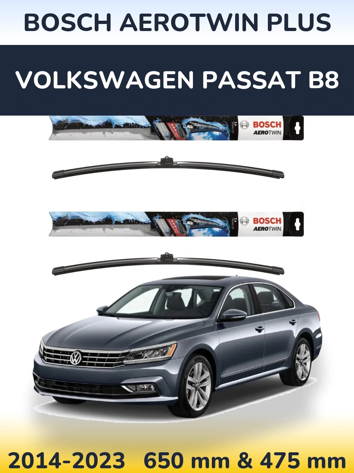 Комплект передних дворников BOSCH AeroTwin Plus 650 & 475 мм для Volkswagen Passat B8 2014-2023