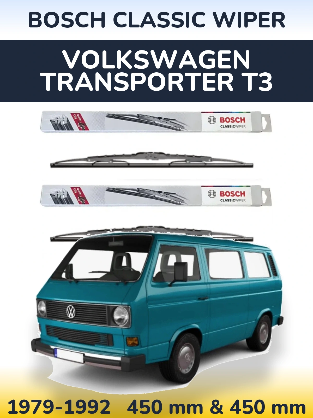 Front wiper blade set BOSCH Classic Wiper 450 & 450 mm for Volkswagen Transporter T3 1979-1992