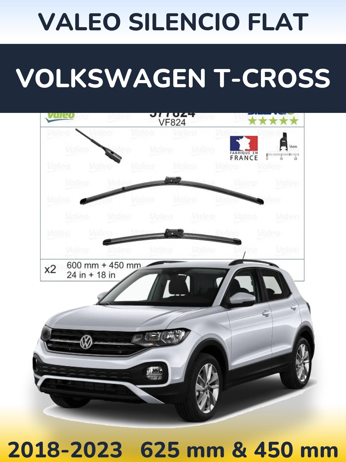 Комплект передніх щіток Valeo Silencio Flat 600 & 450 мм для Volkswagen T-Cross 2018-2023