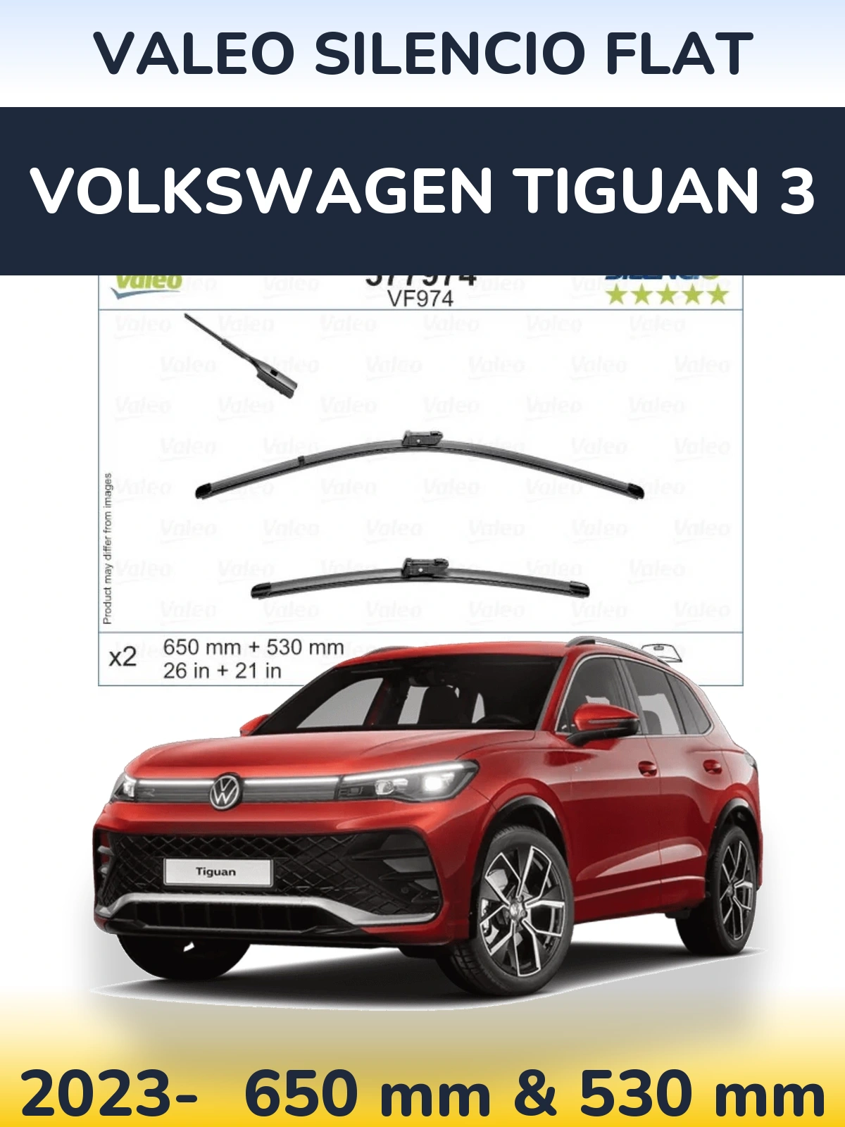 Комплект передних дворников Valeo Silencio Flat 650 & 530 мм для Volkswagen Tiguan 3 2023-2026