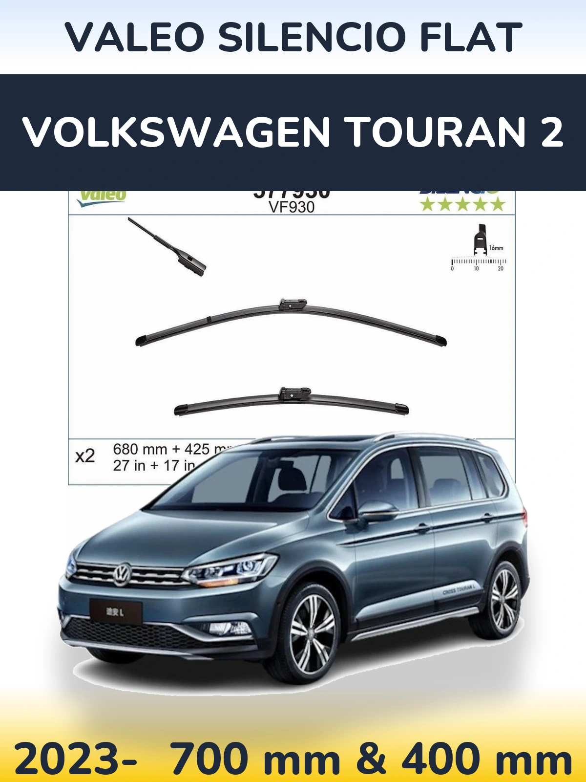 Комплект передних дворников Valeo Silencio Flat 680 & 400 мм для Volkswagen Touran 2 2023-2026