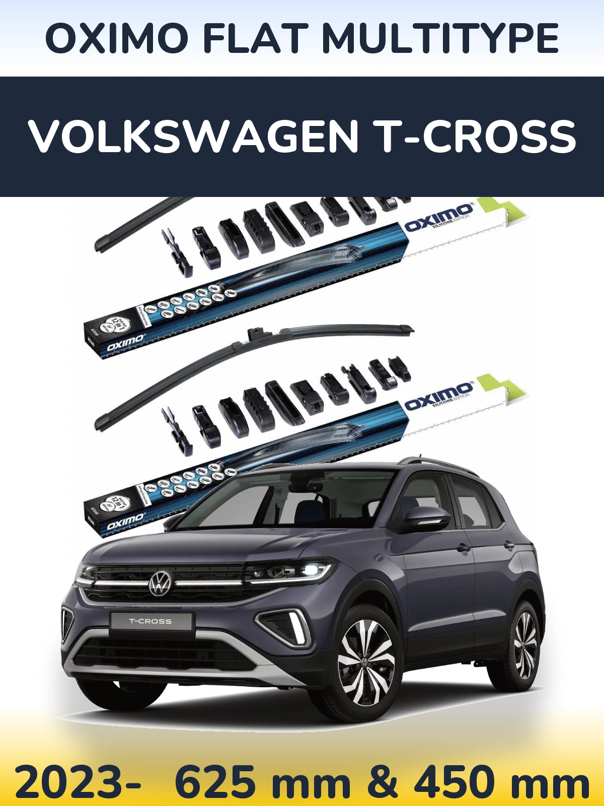 Комплект передних дворников Oximo Flat MultiТипe 600 & 450 мм для Volkswagen T-Cross 2023-2026