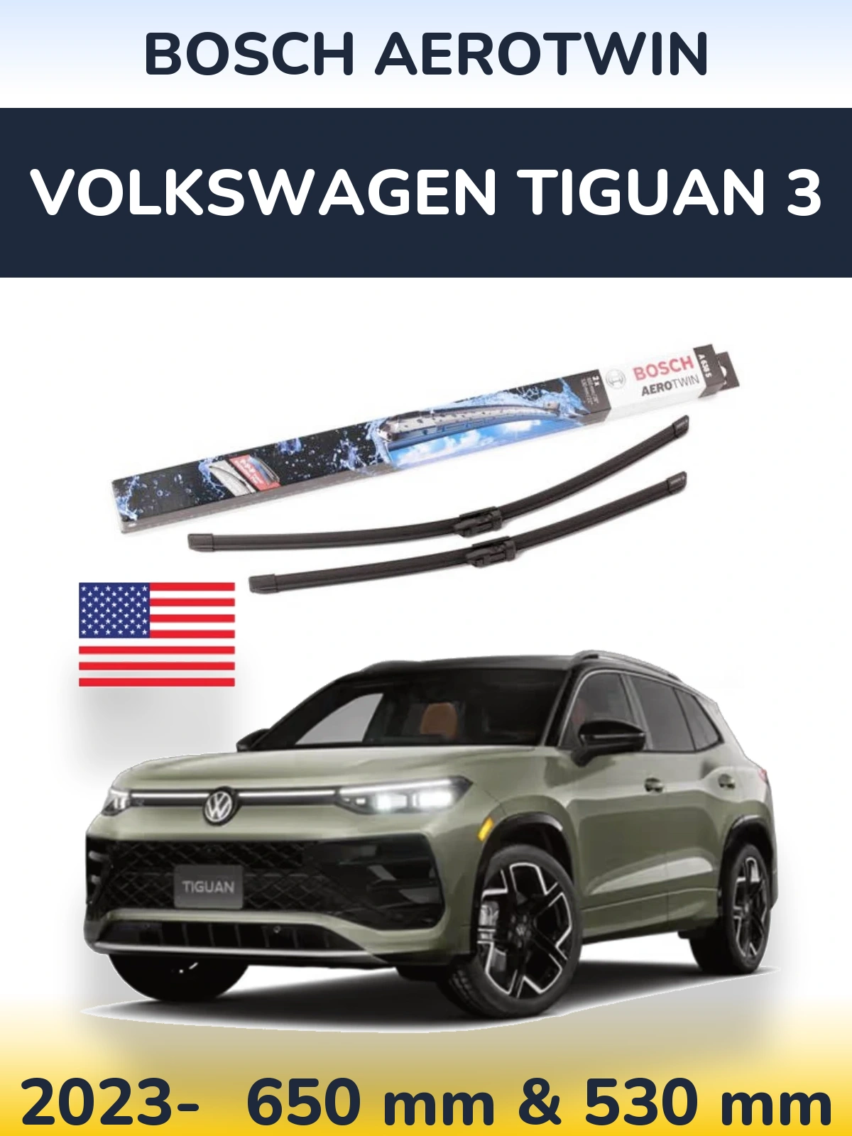 Комплект передних дворников BOSCH AeroTwin 650 & 530 мм для Volkswagen Tiguan 3 2023-2026