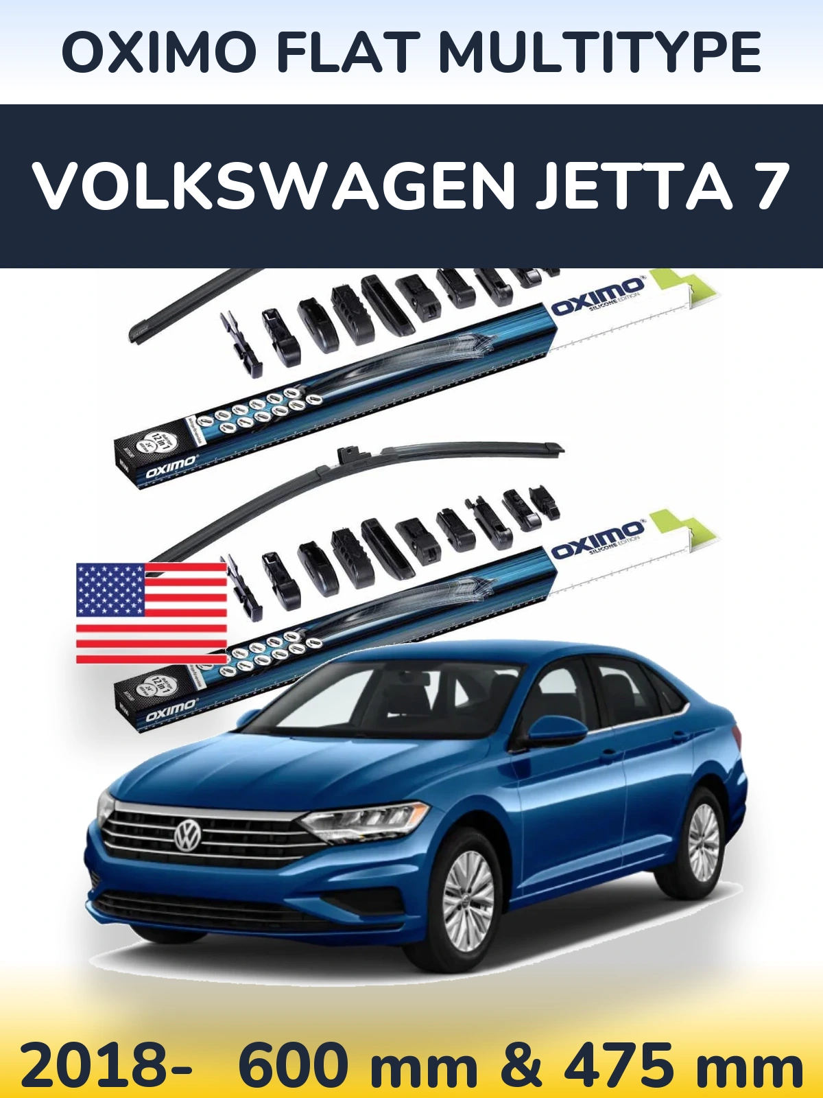 Комплект передних дворников Oximo Flat MultiТипe 600 & 475 мм для Volkswagen Jetta 7 2018-2026