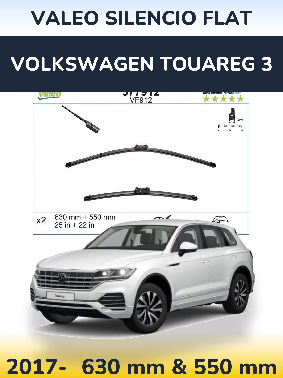 Комплект передних дворников Valeo Silencio Flat 630 & 550 мм для Volkswagen Touareg 3 2017-2026